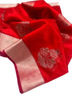 Red Chanderi Handloom Pure Silk Saree - Luxurion World