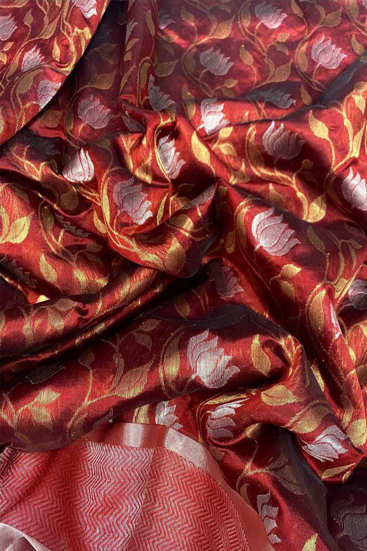 Maroon Chanderi Handloom Pure Silk Sona Roopa Flower Design Saree - Luxurion World