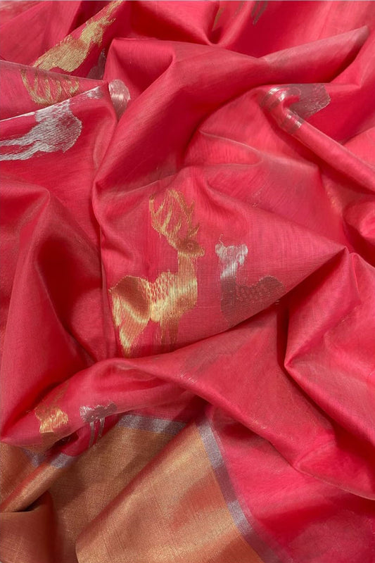 Pink Chanderi Handloom Pure Silk Deer Design Saree - Luxurion World