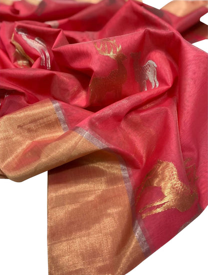 Pink Chanderi Handloom Pure Silk Deer Design Saree - Luxurion World