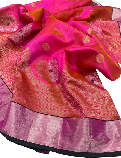 Elegant Pink Chanderi Handloom Pure Silk Saree - Luxurion World