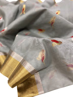 Elegant Grey Chanderi Handloom Pure Katan Organza Silk Saree - Luxurion World