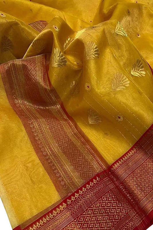 Yellow Chanderi Handloom Silk Saree with Organza Tissue