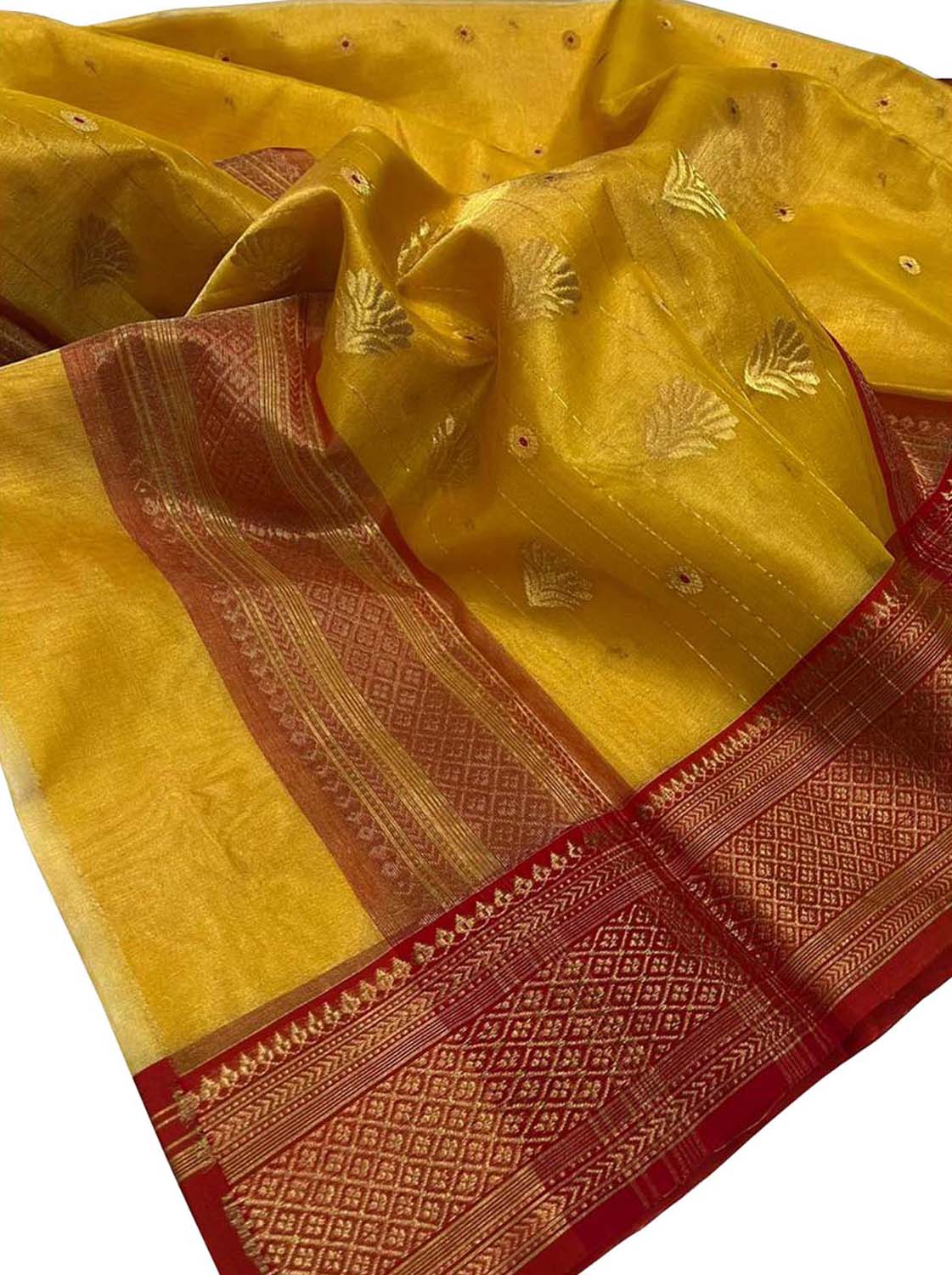 Yellow Chanderi Handloom Silk Saree with Organza Tissue - Luxurion World