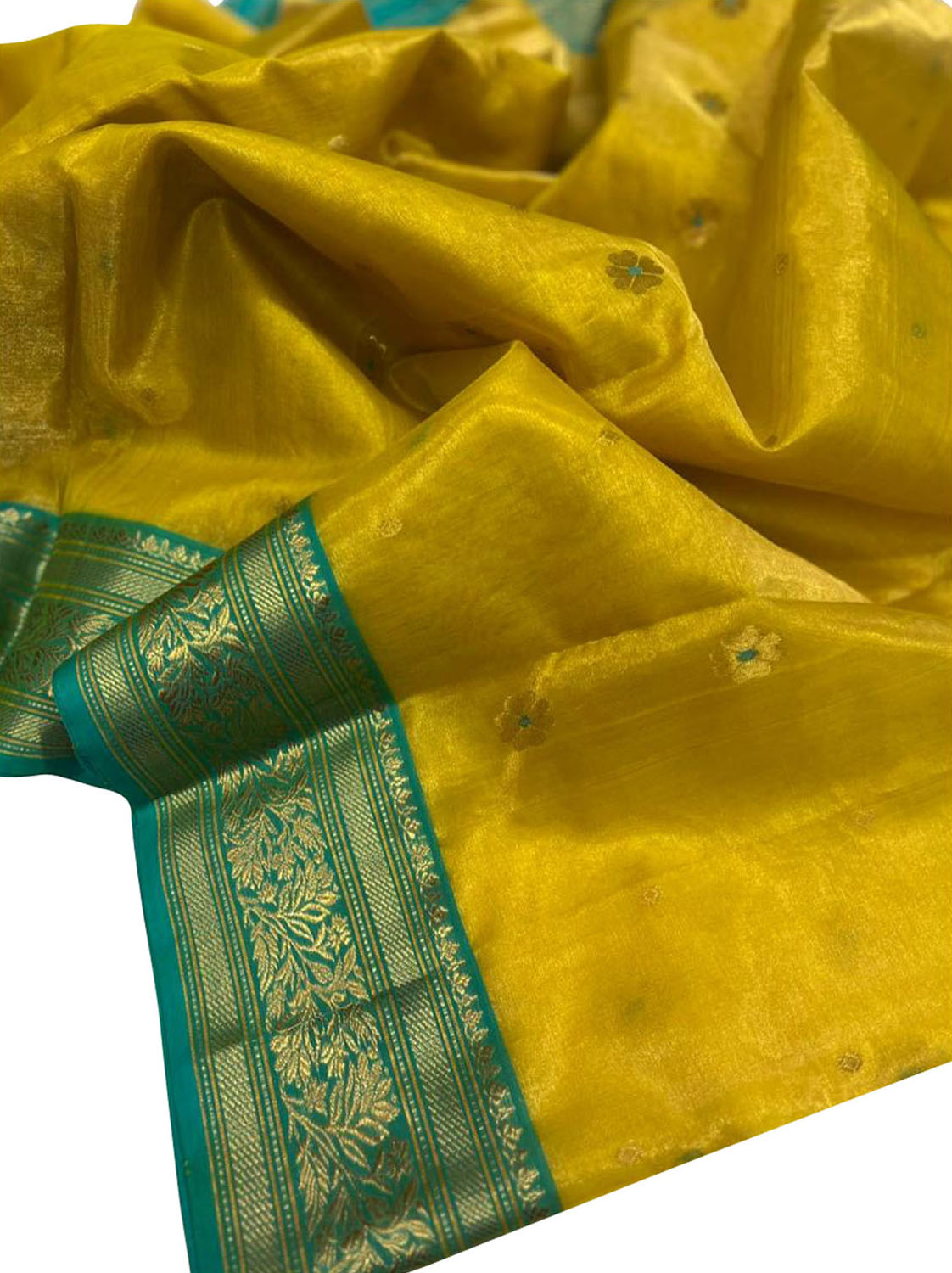 Yellow Chanderi Handloom Silk Saree with Organza Tissue - Luxurion World