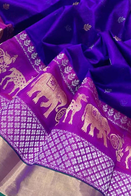 Blue Chanderi Handloom Pure Katan Silk Saree - Luxurion World