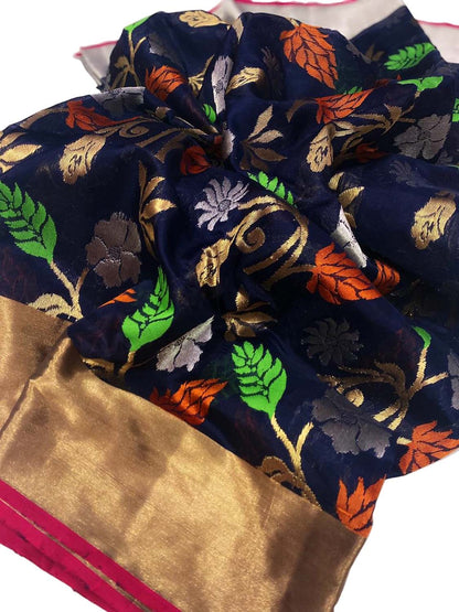 Exquisite Black Chanderi Handloom Pure Katan Silk Saree - Luxurion World