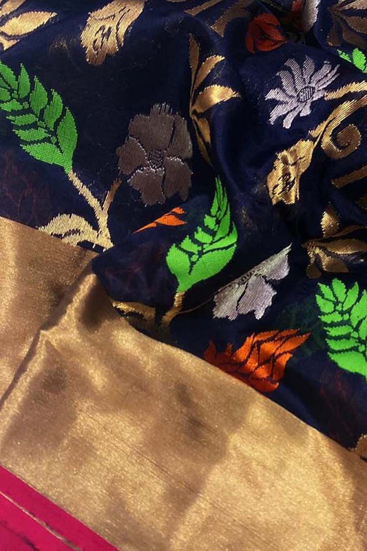 Exquisite Black Chanderi Handloom Pure Katan Silk Saree - Luxurion World