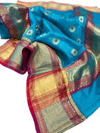 Blue Chanderi Handloom Pure Katan Silk Saree - Elegant and Timeless - Luxurion World