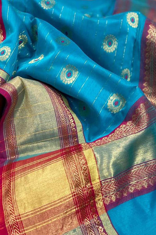 Blue Chanderi Handloom Pure Katan Silk Saree - Elegant and Timeless - Luxurion World