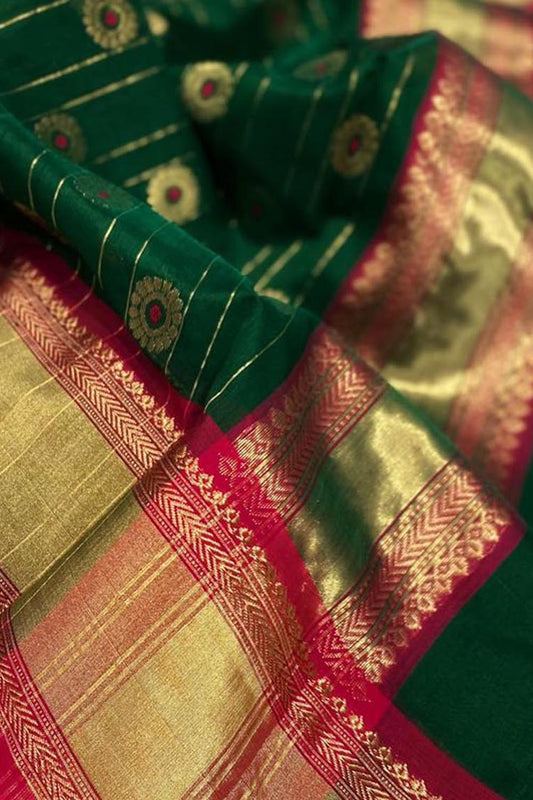 Green Chanderi Handloom Pure Katan Silk Saree - Luxurion World