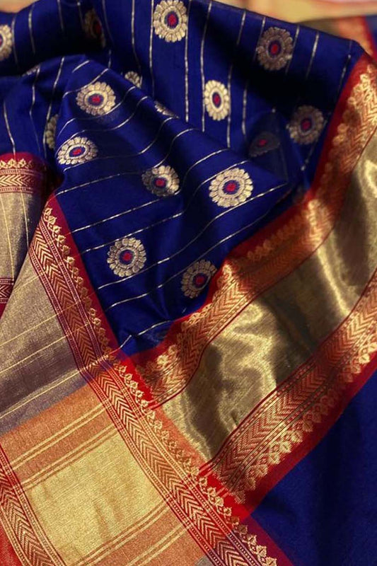 Blue Chanderi Handloom Pure Katan Silk Saree - Luxurion World