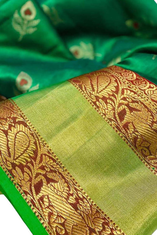 Green Chanderi Handloom Pure Katan Silk Saree - Luxurion World