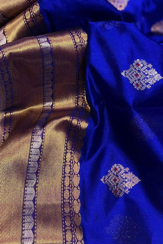 Blue Chanderi Handloom Pure Katan Silk Saree - Luxurion World