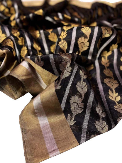 Exquisite Black Chanderi Handloom Katan Silk Saree - Luxurion World