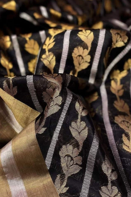 Exquisite Black Chanderi Handloom Katan Silk Saree - Luxurion World