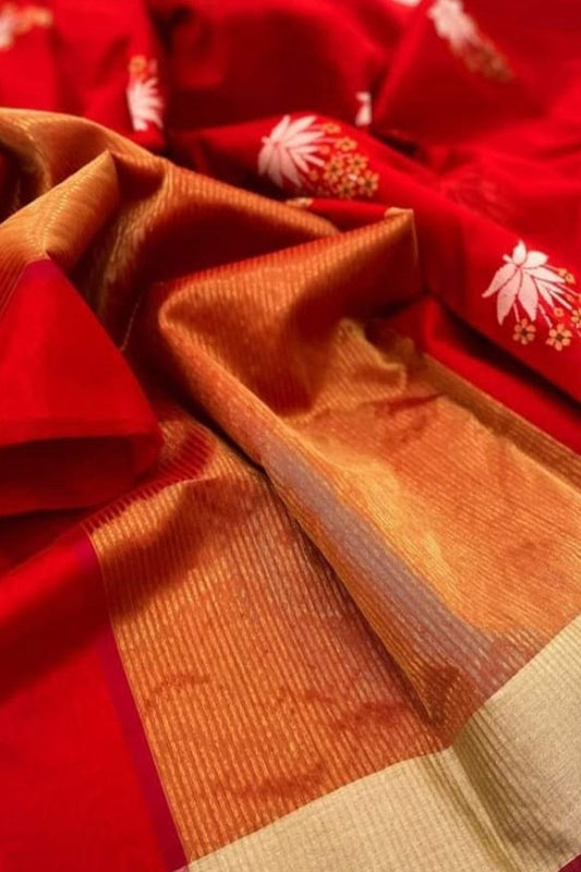 Stunning Red Chanderi Handloom Silk Saree - Luxurion World
