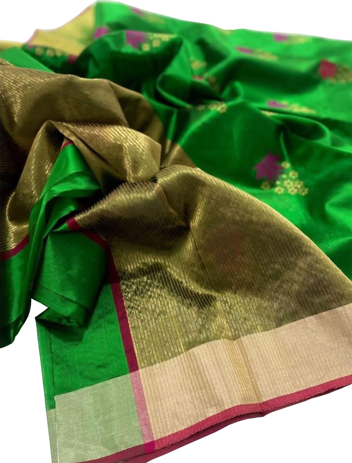 Green Chanderi Handloom Pure Katan Silk Saree - Luxurion World