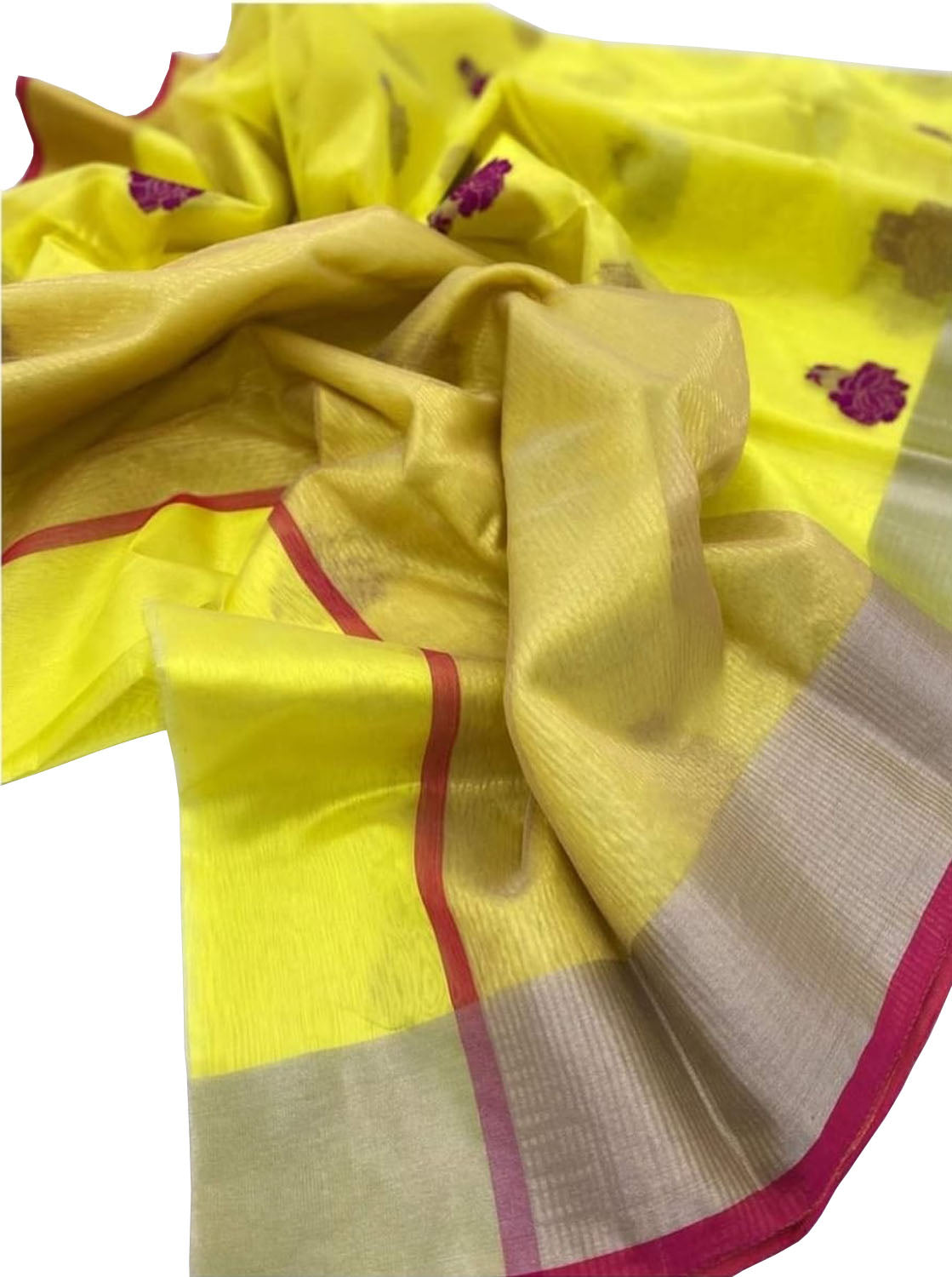 Yellow Chanderi Handloom Pure Katan Silk Saree - Luxurion World