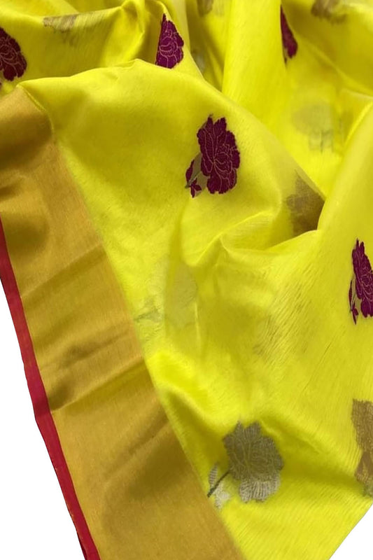 Yellow Chanderi Handloom Pure Katan Silk Saree - Luxurion World