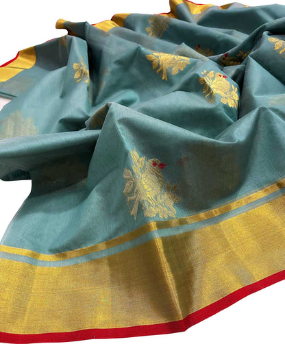 Blue Chanderi Handloom Silk Cotton Saree - Luxurion World