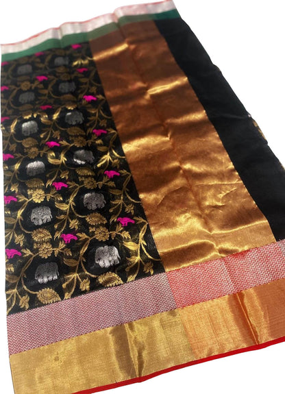 Stunning Black Chanderi Silk Saree - Handloom Beauty - Luxurion World