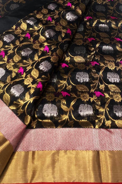 Stunning Black Chanderi Silk Saree - Handloom Beauty - Luxurion World