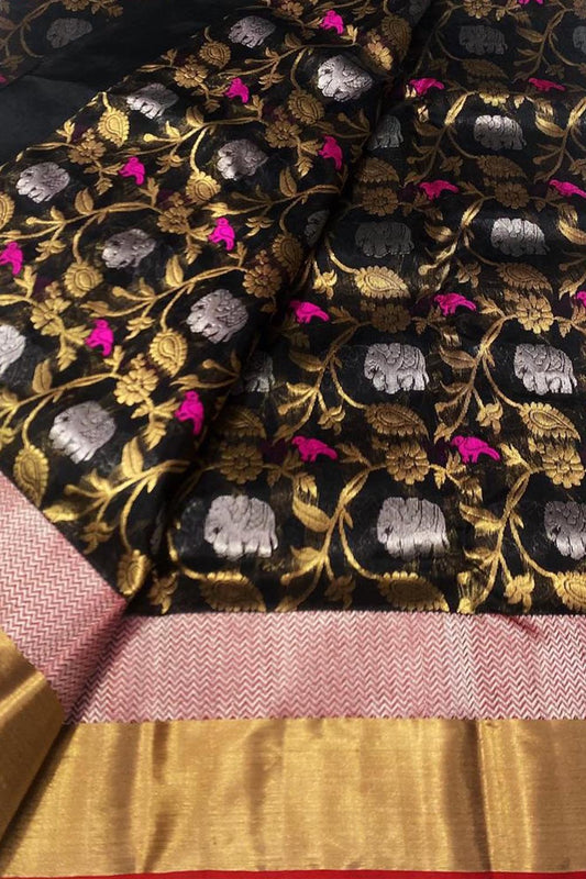 Stunning Black Chanderi Silk Saree - Handloom Beauty - Luxurion World