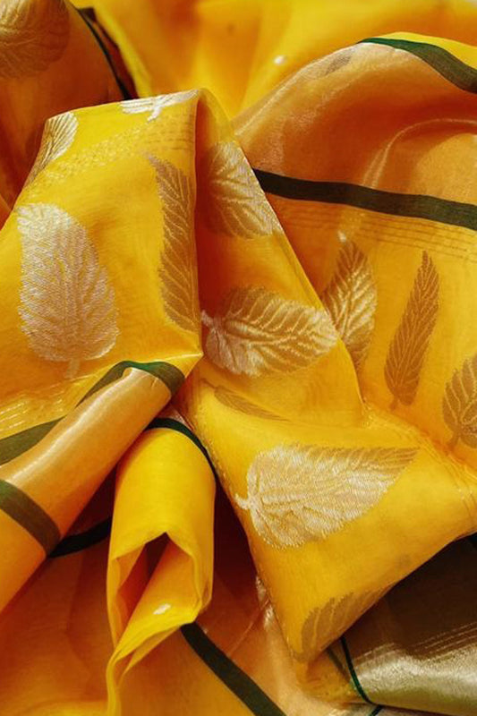 Yellow Chanderi Handloom Pure Katan Organza Silk Saree - Luxurion World