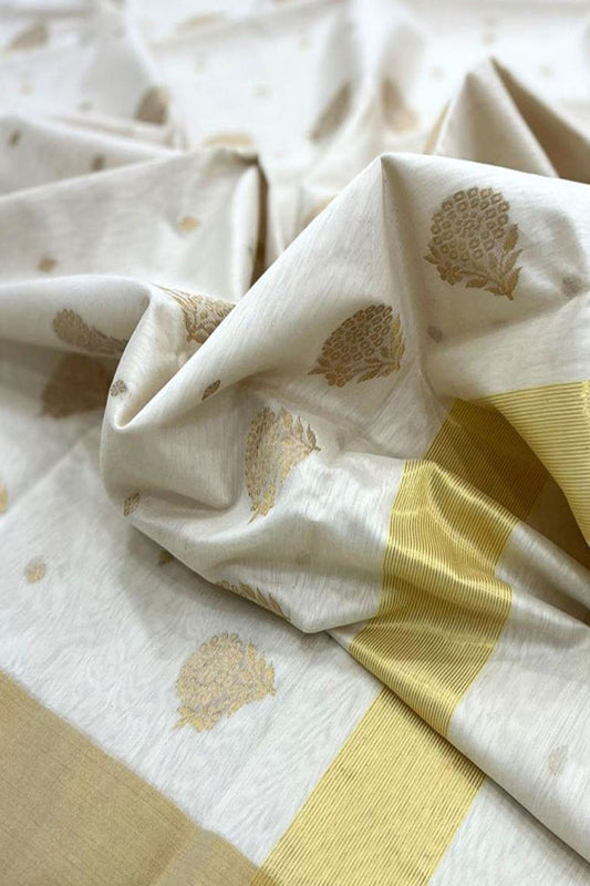Elegant Off White Chanderi Silk Cotton Saree - Luxurion World