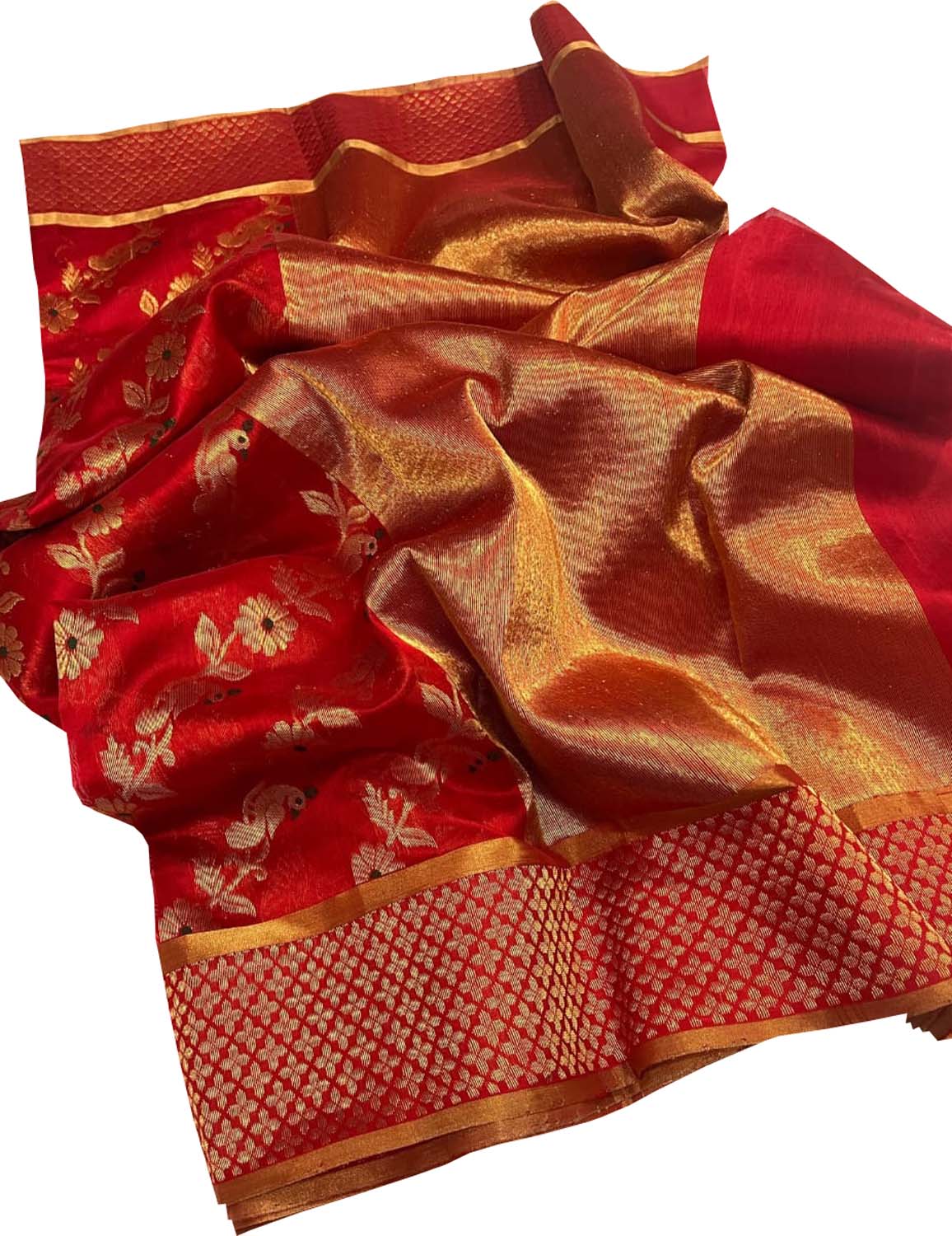 Stunning Red Chanderi Silk Saree Handloomed - Luxurion World