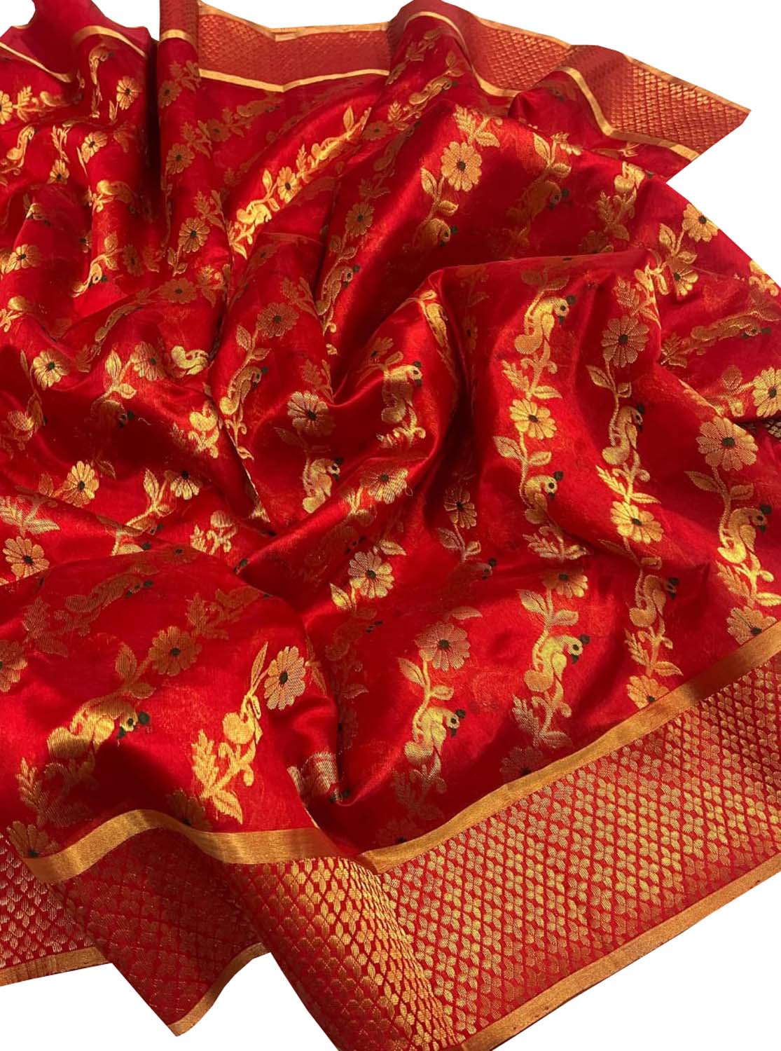 Stunning Red Chanderi Silk Saree Handloomed - Luxurion World