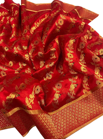 Stunning Red Chanderi Silk Saree Handloomed - Luxurion World