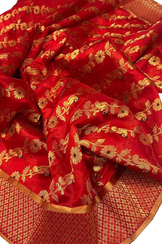 Stunning Red Chanderi Silk Saree Handloomed - Luxurion World