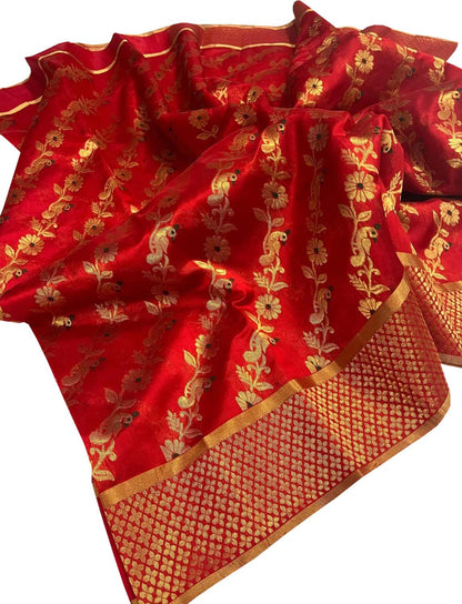 Stunning Red Chanderi Silk Saree Handloomed - Luxurion World