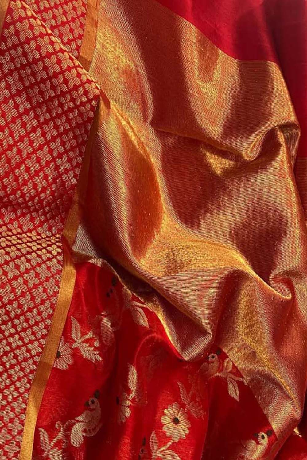 Stunning Red Chanderi Silk Saree Handloomed - Luxurion World