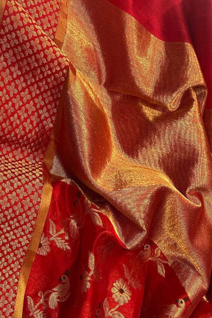 Stunning Red Chanderi Silk Saree Handloomed - Luxurion World