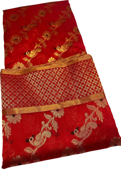 Stunning Red Chanderi Silk Saree Handloomed - Luxurion World