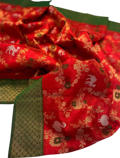 Exquisite Red Chanderi Silk Saree - Handloom Beauty - Luxurion World