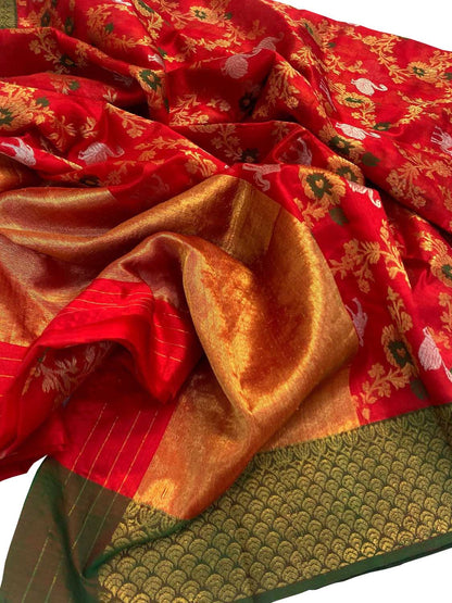 Exquisite Red Chanderi Silk Saree - Handloom Beauty - Luxurion World