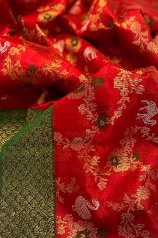 Exquisite Red Chanderi Silk Saree - Handloom Beauty - Luxurion World
