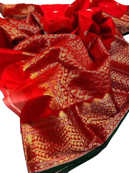 Stunning Red Chanderi Silk Saree - Handloom Beauty - Luxurion World