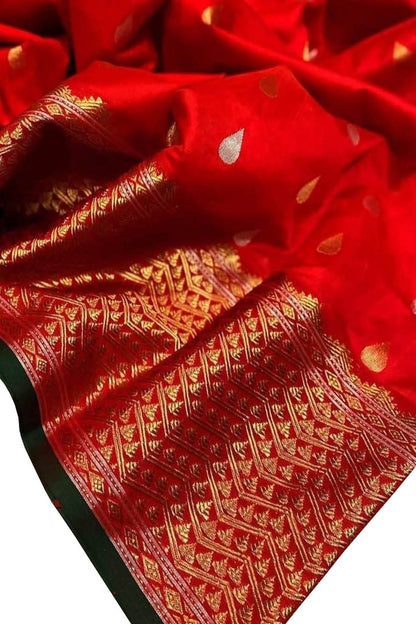 Stunning Red Chanderi Silk Saree - Handloom Beauty - Luxurion World