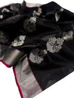 Exquisite Black Chanderi Pure Silk Saree - Handloom Beauty - Luxurion World
