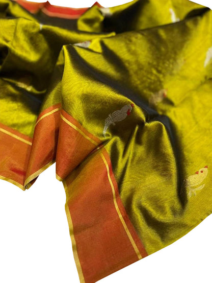 Green Chanderi Pure Silk Saree: Handloom Elegance - Luxurion World