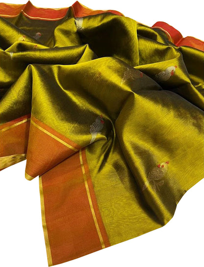Green Chanderi Pure Silk Saree: Handloom Elegance - Luxurion World