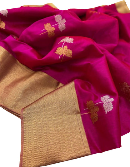 Beautiful Pink Chanderi Pure Silk Saree - Handloom Pure - Luxurion World