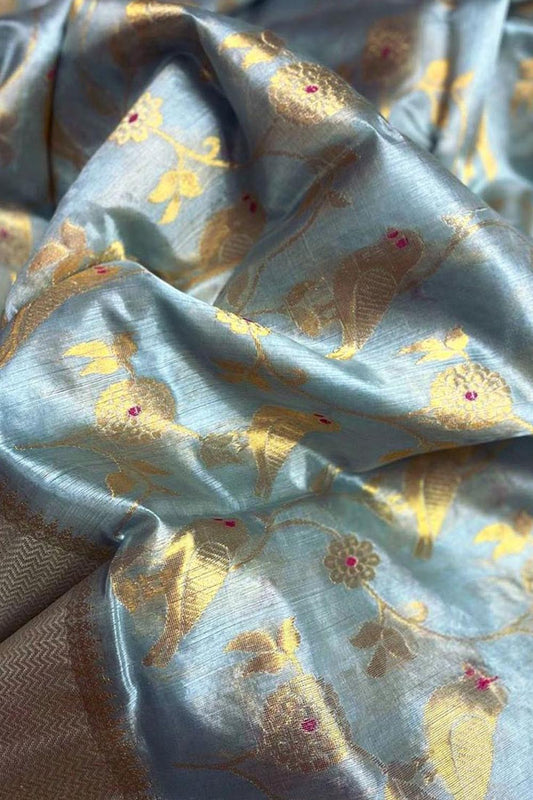 Blue Chanderi Handloom Pure Silk Bird Design Saree - Luxurion World