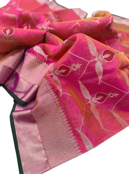 Beautiful Pink Shot Chanderi Handloom Pure Silk Saree - Luxurion World