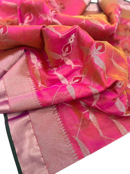 Beautiful Pink Shot Chanderi Handloom Pure Silk Saree - Luxurion World